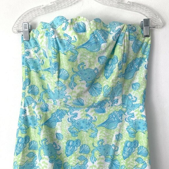 Lilly Pulitzer Size 6 Strapless Crab Seashell Print Scalloped Sheath Midi Dress - Picture 3 of 8